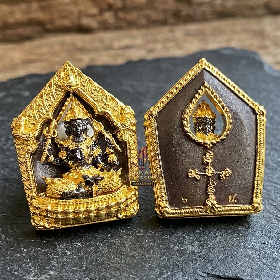 Authentic Thai Sacred Phra Phrom Erawan (4-Faced Brahma Divine Creator Statue) - Small Size Black Rhodium & Gold Plated Bronze Edition (Mahathep Pratthan Khwam Samret 67 Model) for Ultimate Success, Prosperity, Health & Wish Fulfillment