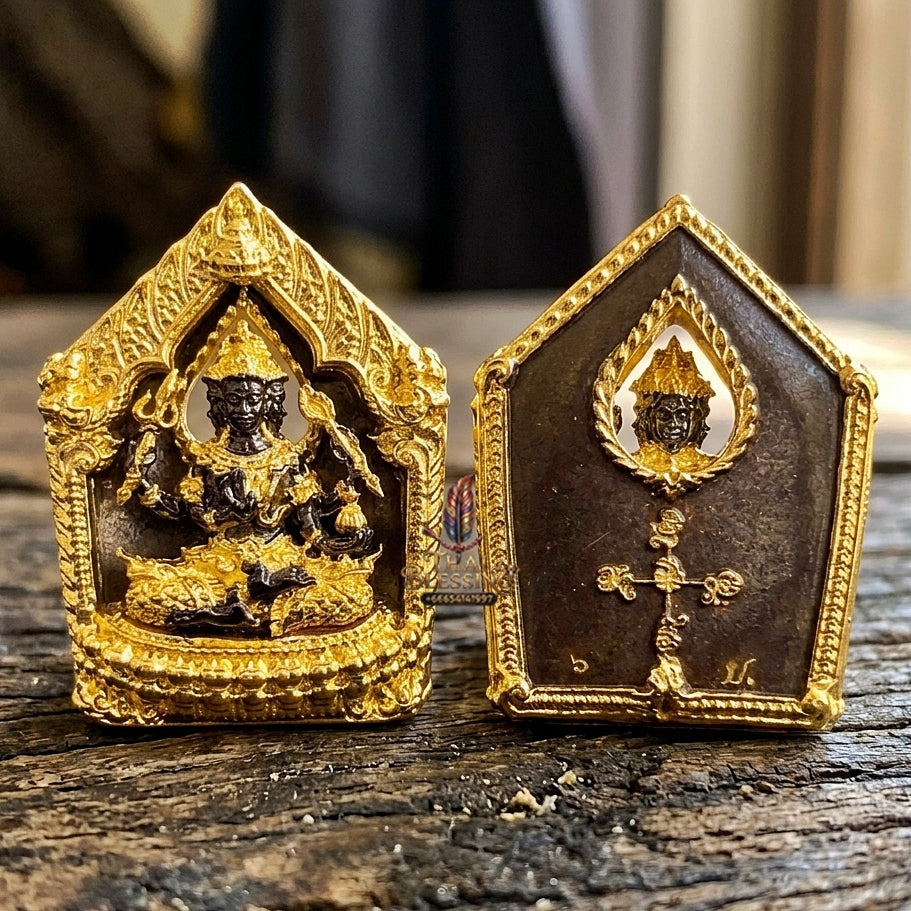 Authentic Thai Sacred Phra Phrom Erawan (4-Faced Brahma Divine Creator Statue) - Small Size Black Rhodium & Gold Plated Bronze Edition (Mahathep Pratthan Khwam Samret 67 Model) for Ultimate Success, Prosperity, Health & Wish Fulfillment