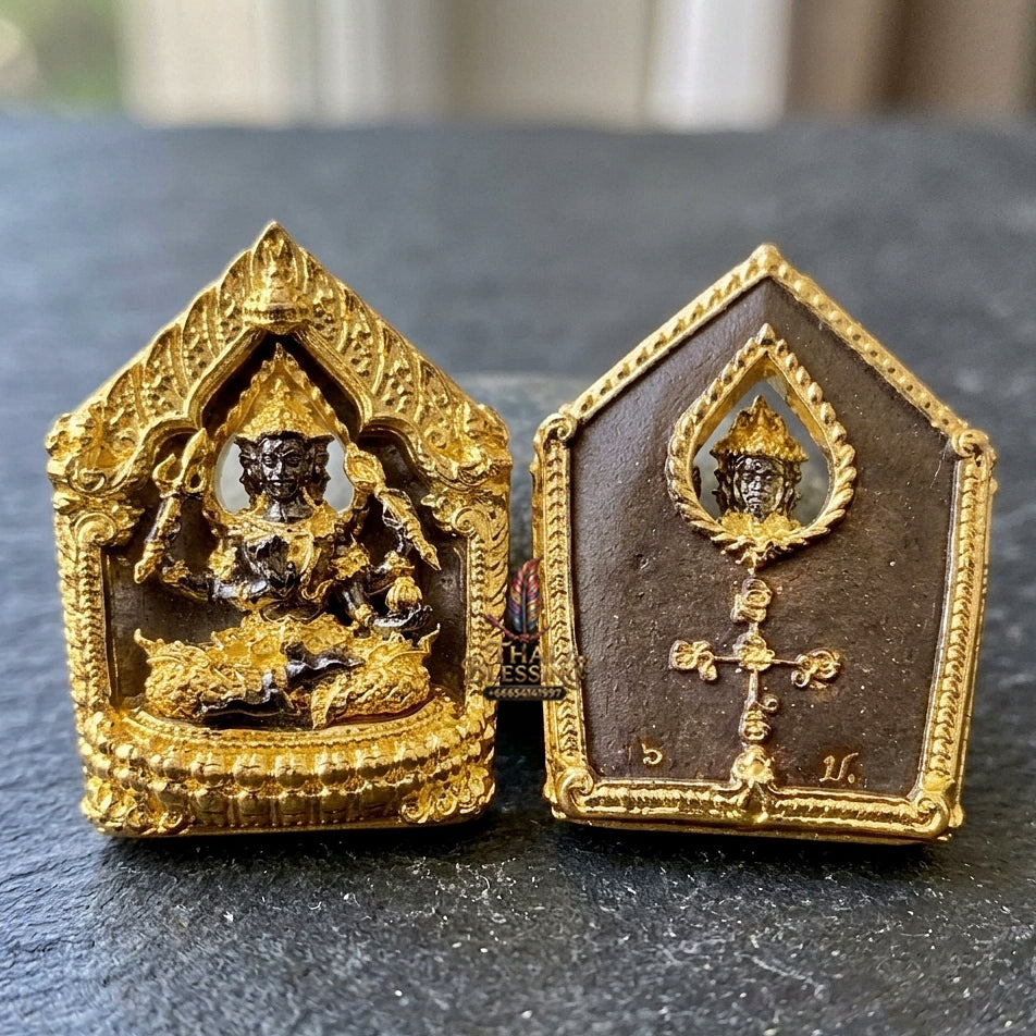 Authentic Thai Sacred Phra Phrom Erawan (4-Faced Brahma Divine Creator Statue) - Small Size Black Rhodium & Gold Plated Bronze Edition (Mahathep Pratthan Khwam Samret 67 Model) for Ultimate Success, Prosperity, Health & Wish Fulfillment