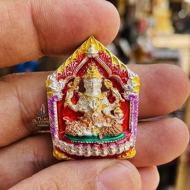Authentic Thai Sacred Phra Phrom Erawan (4-Faced Brahma Divine Creator Statue) - Small Size Silver Plated with Enamel & 3K Plated Body Edition (Mahathep Pratthan Khwam Samret 67 Model) for Ultimate Success, Prosperity, Health & Wish Fulfillment