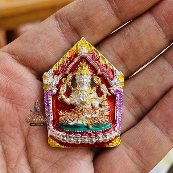 Authentic Thai Sacred Phra Phrom Erawan (4-Faced Brahma Divine Creator Statue) - Small Size Silver Plated with Enamel & 3K Plated Body Edition (Mahathep Pratthan Khwam Samret 67 Model) for Ultimate Success, Prosperity, Health & Wish Fulfillment