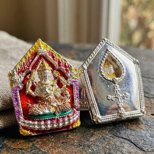 Authentic Thai Sacred Phra Phrom Erawan (4-Faced Brahma Divine Creator Statue) - Small Size Silver Plated with Enamel & 3K Plated Body Edition (Mahathep Pratthan Khwam Samret 67 Model) for Ultimate Success, Prosperity, Health & Wish Fulfillment