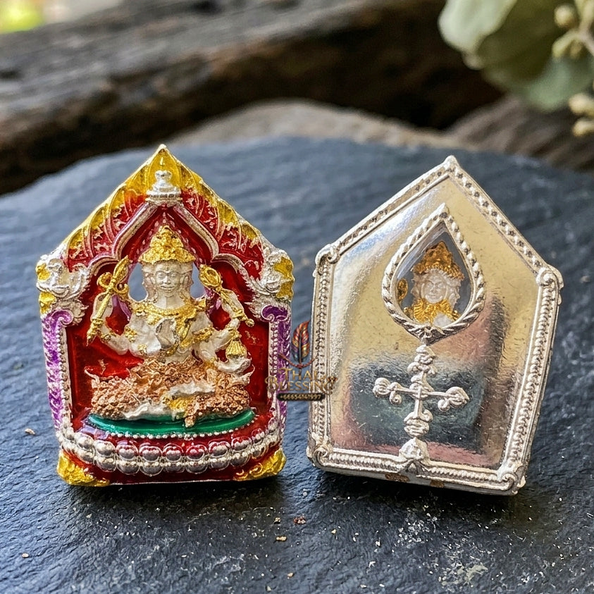 Authentic Thai Sacred Phra Phrom Erawan (4-Faced Brahma Divine Creator Statue) - Small Size Silver Plated with Enamel & 3K Plated Body Edition (Mahathep Pratthan Khwam Samret 67 Model) for Ultimate Success, Prosperity, Health & Wish Fulfillment