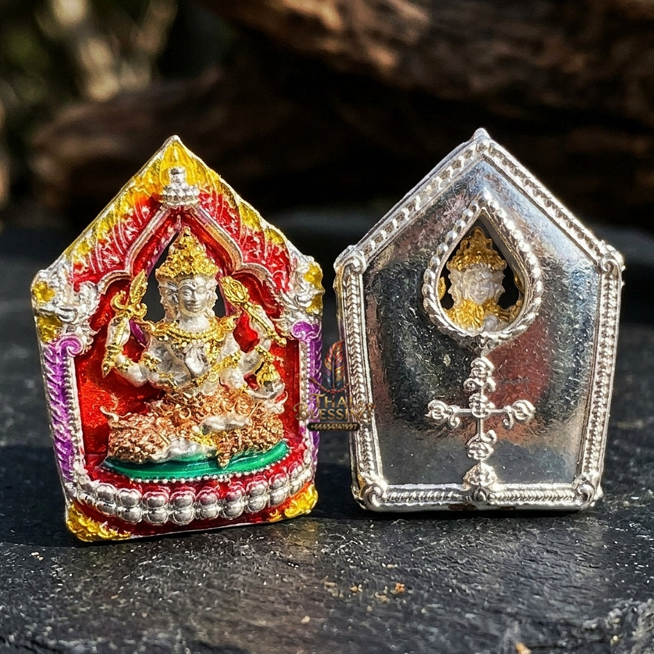 Authentic Thai Sacred Phra Phrom Erawan (4-Faced Brahma Divine Creator Statue) - Small Size Silver Plated with Enamel & 3K Plated Body Edition (Mahathep Pratthan Khwam Samret 67 Model) for Ultimate Success, Prosperity, Health & Wish Fulfillment