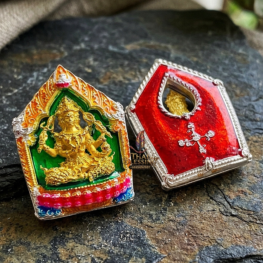 Authentic Thai Sacred Phra Phrom Erawan (4-Faced Brahma Divine Creator Statue) - Small Size Silver Plated with Enamel & Gold Plated Body Edition (Mahathep Pratthan Khwam Samret 67 Model) for Ultimate Success, Prosperity, Health & Wish Fulfillment