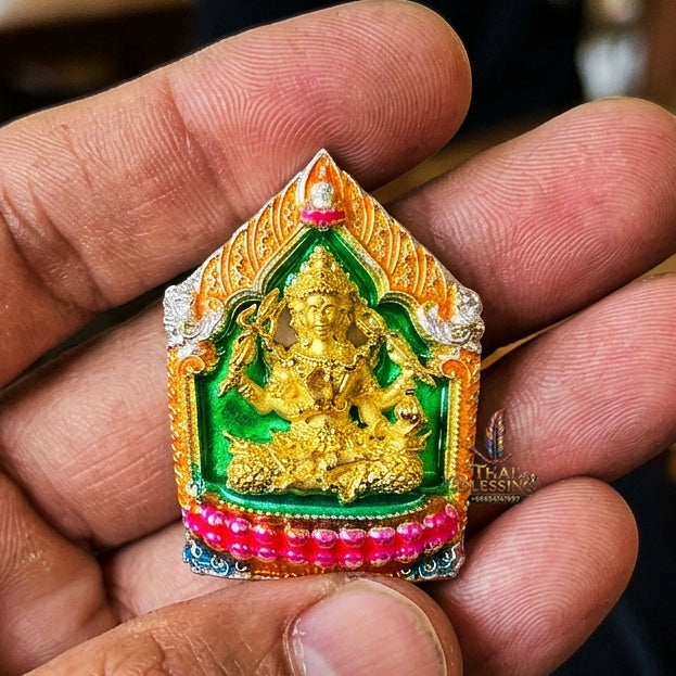 Authentic Thai Sacred Phra Phrom Erawan (4-Faced Brahma Divine Creator Statue) - Small Size Silver Plated with Enamel & Gold Plated Body Edition (Mahathep Pratthan Khwam Samret 67 Model) for Ultimate Success, Prosperity, Health & Wish Fulfillment