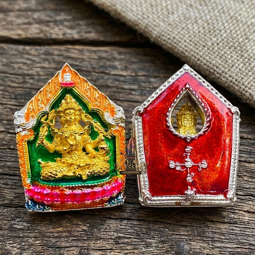 Authentic Thai Sacred Phra Phrom Erawan (4-Faced Brahma Divine Creator Statue) - Small Size Silver Plated with Enamel & Gold Plated Body Edition (Mahathep Pratthan Khwam Samret 67 Model) for Ultimate Success, Prosperity, Health & Wish Fulfillment