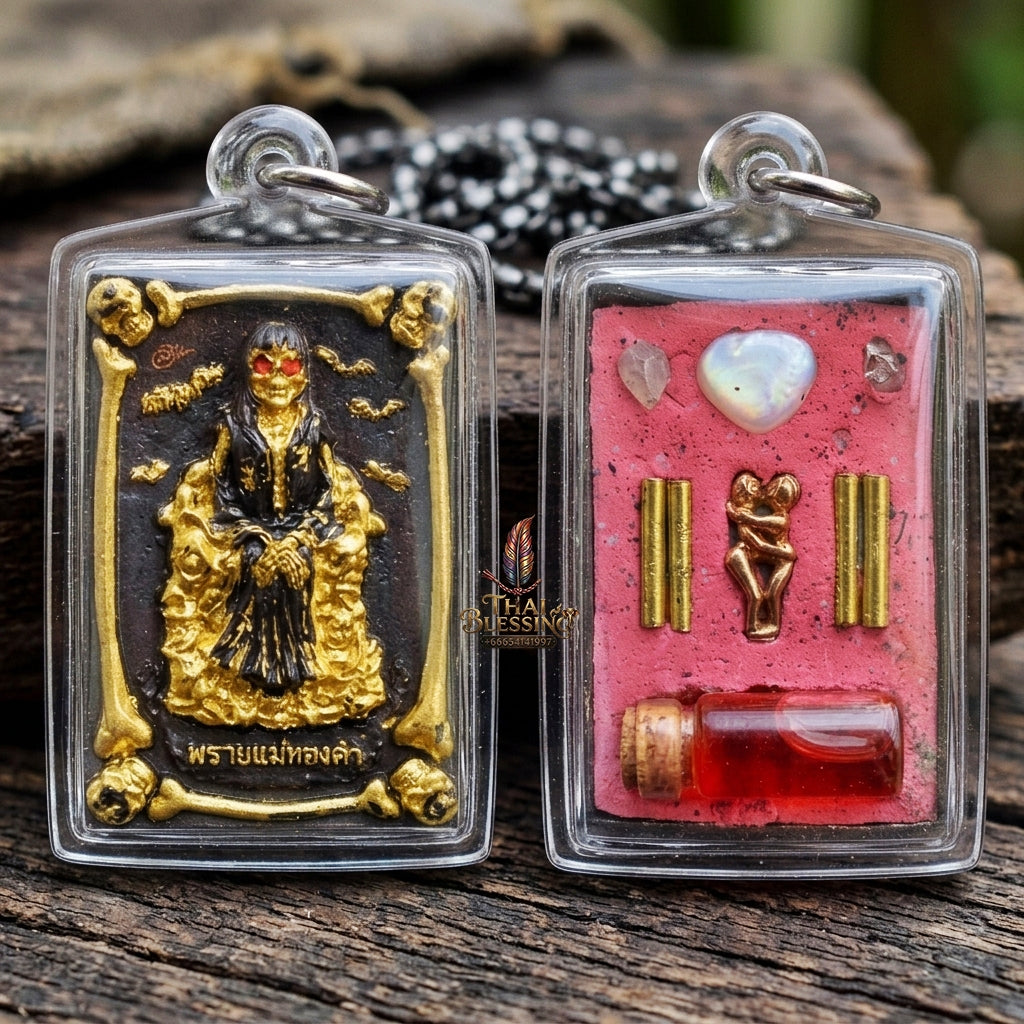 Authentic Thai Sacred Phrai Mae Thongkham Occult Metal Amulet  for Extreme Love Saneh, Wealth Fortune, Business Trade & Protection