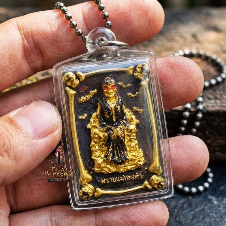 Authentic Thai Sacred Phrai Mae Thongkham Occult Metal Amulet  for Extreme Love Saneh, Wealth Fortune, Business Trade & Protection