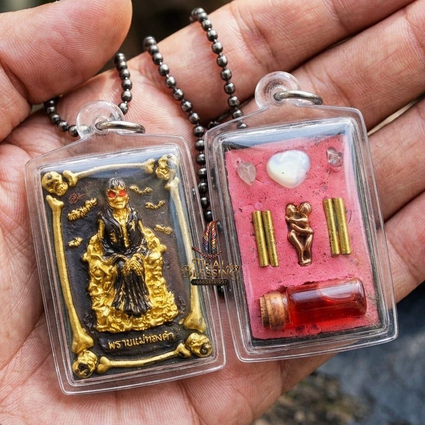 Authentic Thai Sacred Phrai Mae Thongkham Occult Metal Amulet  for Extreme Love Saneh, Wealth Fortune, Business Trade & Protection
