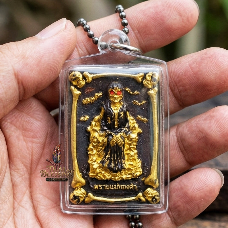 Authentic Thai Sacred Phrai Mae Thongkham Occult Metal Amulet  for Extreme Love Saneh, Wealth Fortune, Business Trade & Protection