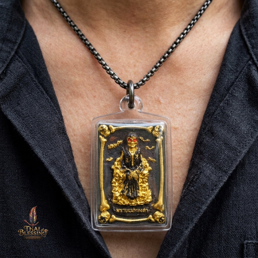 Authentic Thai Sacred Phrai Mae Thongkham Occult Metal Amulet  for Extreme Love Saneh, Wealth Fortune, Business Trade & Protection