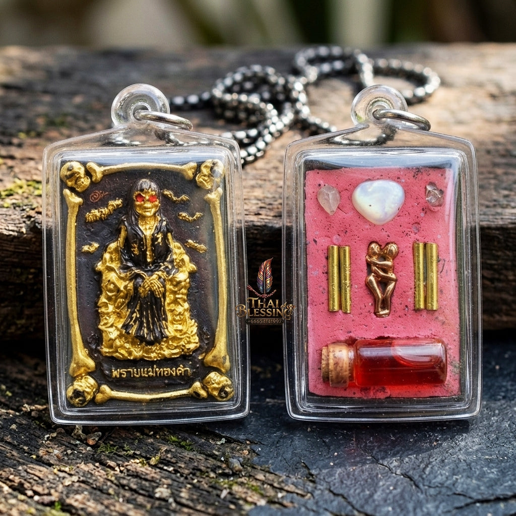Authentic Thai Sacred Phrai Mae Thongkham Occult Metal Amulet  for Extreme Love Saneh, Wealth Fortune, Business Trade & Protection