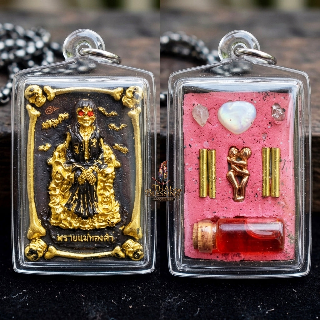 Authentic Thai Sacred Phrai Mae Thongkham Occult Metal Amulet  for Extreme Love Saneh, Wealth Fortune, Business Trade & Protection