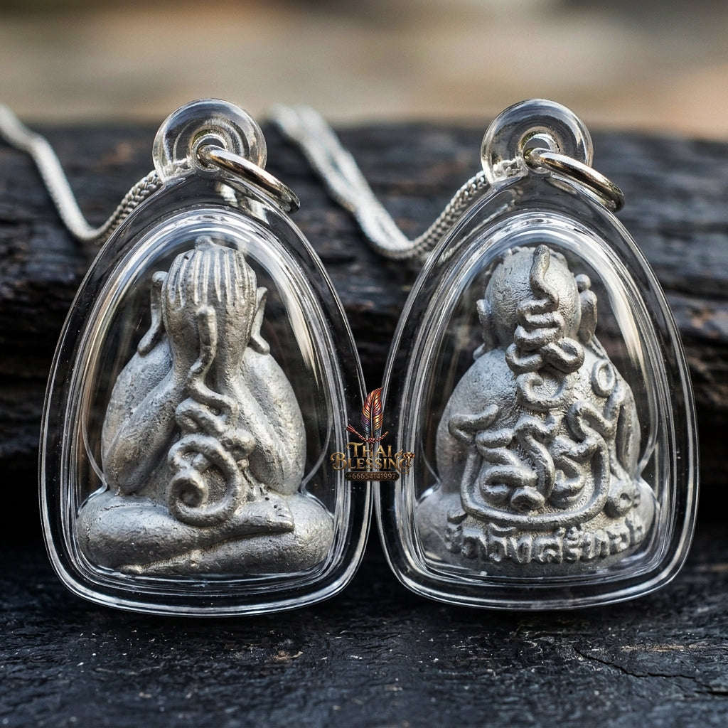 Authentic Thai Protection Amulet "Phra Pidta Nuea Chin BE 2556" - Ancient Lead-Tin Sacred Metal & High-Relief Yantra Talisman Thai Blessing Co By RURUECHA