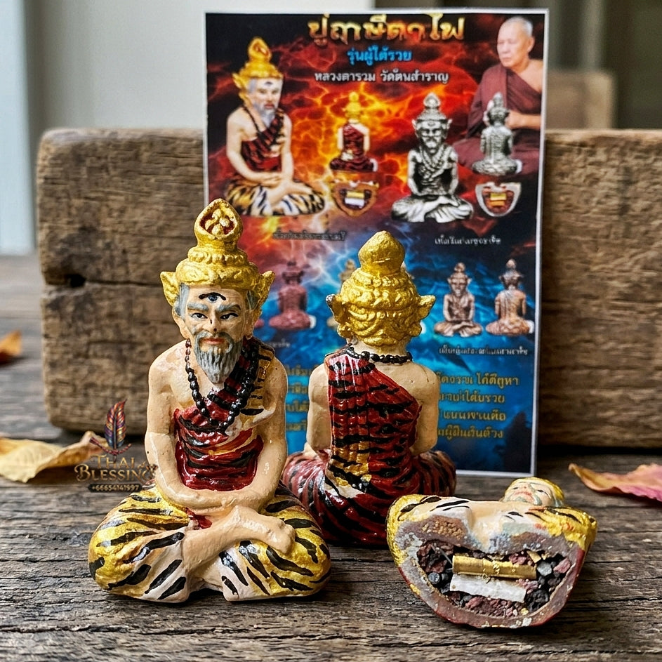 Authentic Thai Sacred Pu Rusi Ta Fai (Fire-Eyed Ascetic Hermit Guru Deity) - Hand-Painted Sattaloha Metal Alloy Statue with Sacred Powder Base for Supreme Protection, Authority, Black Magic Shield & Wealth Blessing