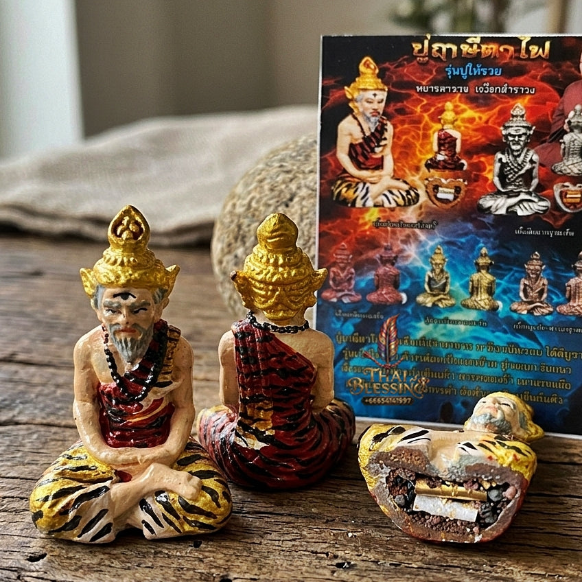 Authentic Thai Sacred Pu Rusi Ta Fai (Fire-Eyed Ascetic Hermit Guru Deity) - Hand-Painted Sattaloha Metal Alloy Statue with Sacred Powder Base for Supreme Protection, Authority, Black Magic Shield & Wealth Blessing