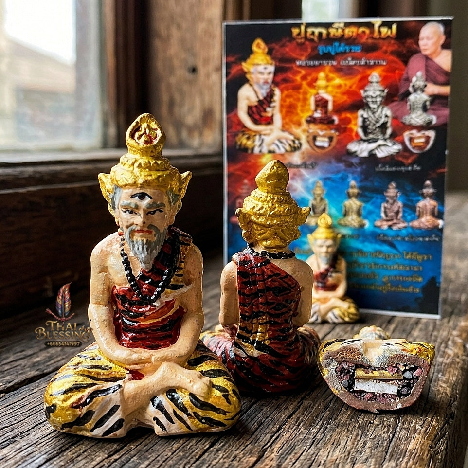 Authentic Thai Sacred Pu Rusi Ta Fai (Fire-Eyed Ascetic Hermit Guru Deity) - Hand-Painted Sattaloha Metal Alloy Statue with Sacred Powder Base for Supreme Protection, Authority, Black Magic Shield & Wealth Blessing