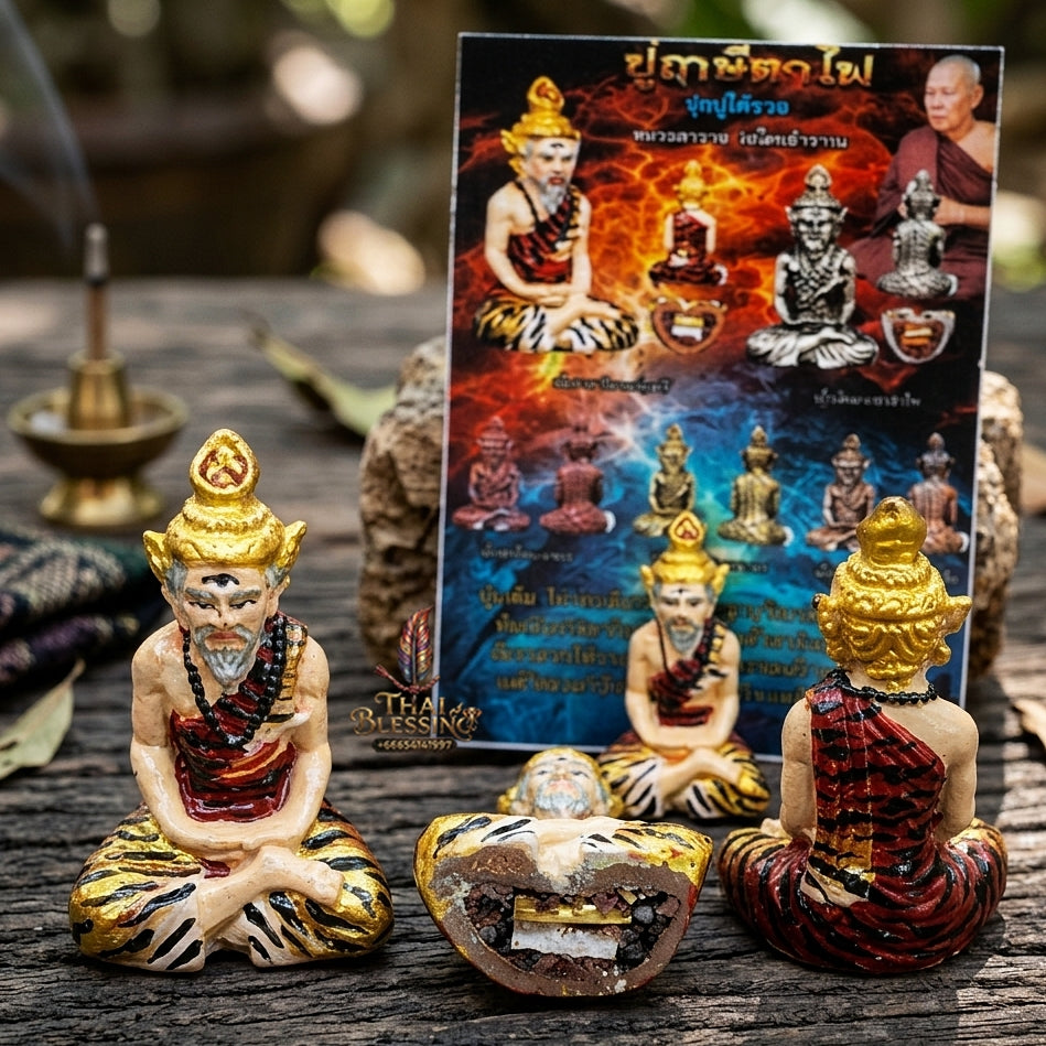 Authentic Thai Sacred Pu Rusi Ta Fai (Fire-Eyed Ascetic Hermit Guru Deity) - Hand-Painted Sattaloha Metal Alloy Statue with Sacred Powder Base for Supreme Protection, Authority, Black Magic Shield & Wealth Blessing