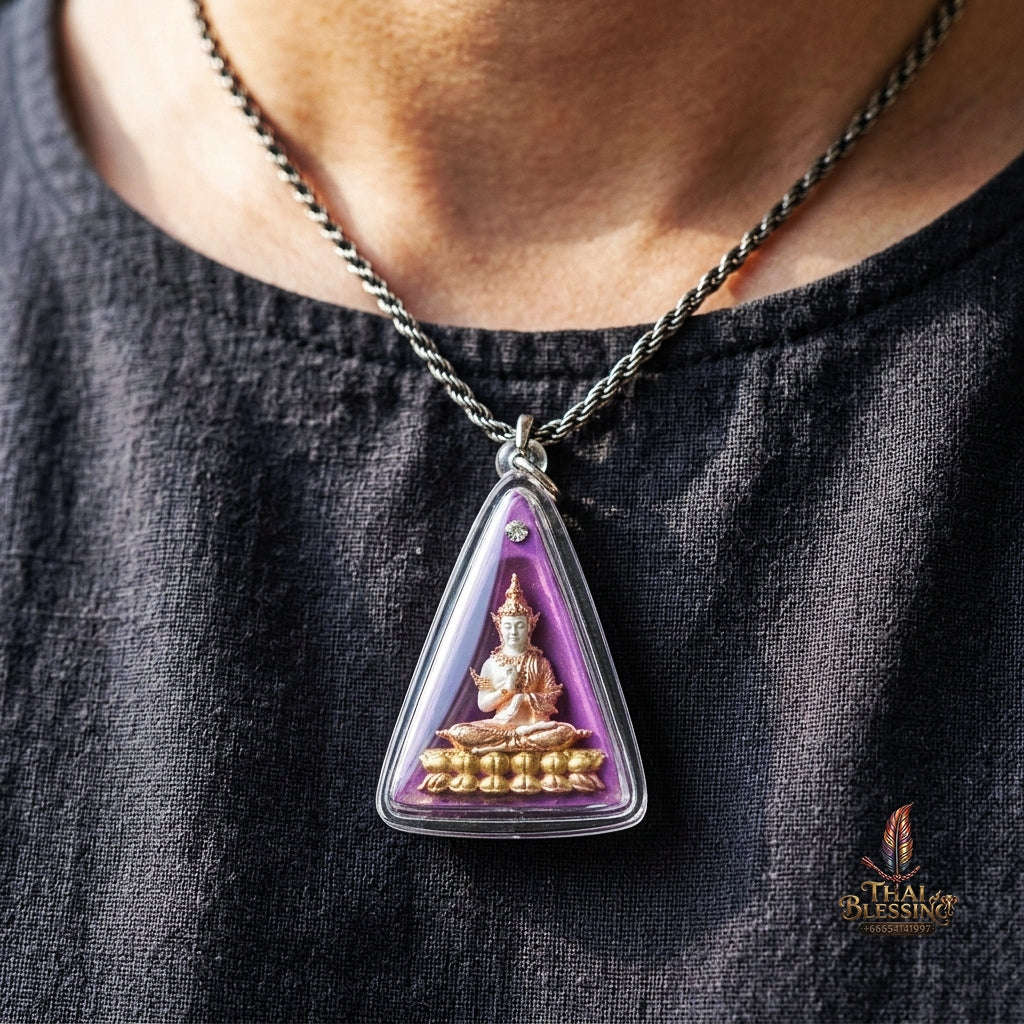 Authentic Thai Queen of Amulets "Phra Nang Phaya Phuttha Barami BE 2561" - Purple Sacred Powder with 2K Emperor Buddha & Crystal