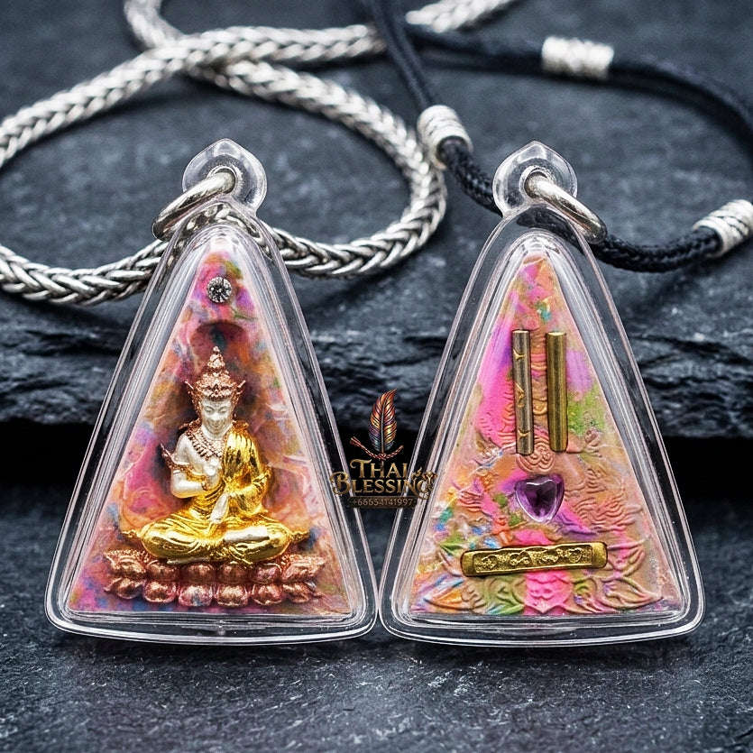 Authentic Thai Queen of Amulets "Phra Nang Phaya Phuttha Barami BE 2561" - Rainbow Sacred Powder Kon Krok with 3K Emperor Buddha & Dual Takrut Thai Blessing Co By RURUECHA
