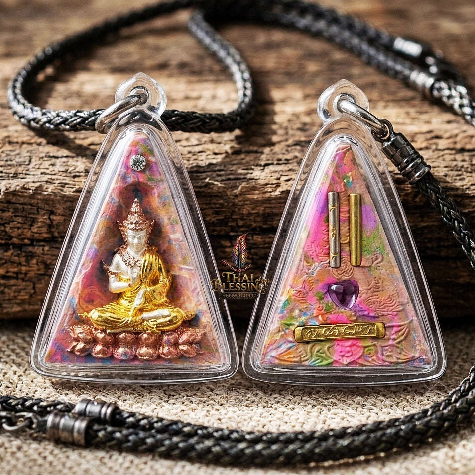 Authentic Thai Queen of Amulets "Phra Nang Phaya Phuttha Barami BE 2561" - Rainbow Sacred Powder Kon Krok with 3K Emperor Buddha & Dual Takrut Thai Blessing Co By RURUECHA