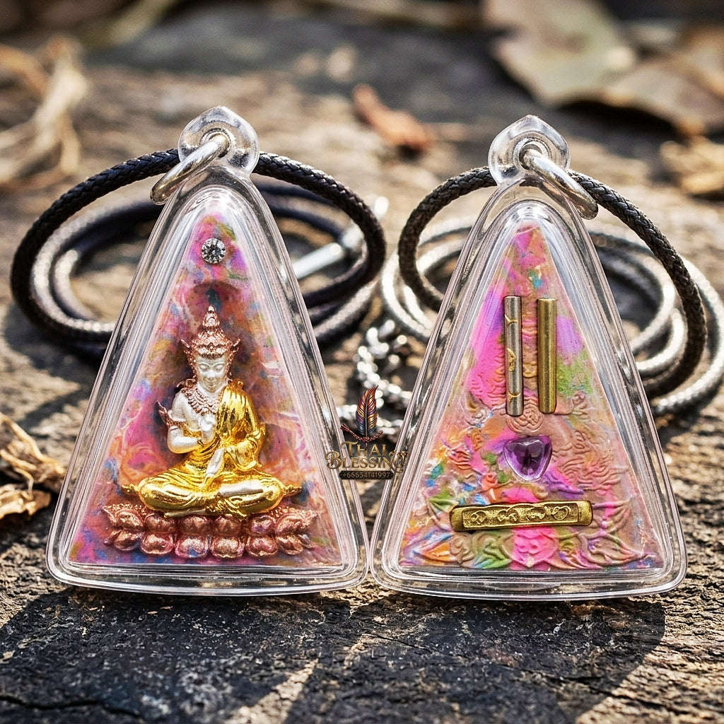 Authentic Thai Queen of Amulets "Phra Nang Phaya Phuttha Barami BE 2561" - Rainbow Sacred Powder Kon Krok with 3K Emperor Buddha & Dual Takrut Thai Blessing Co By RURUECHA