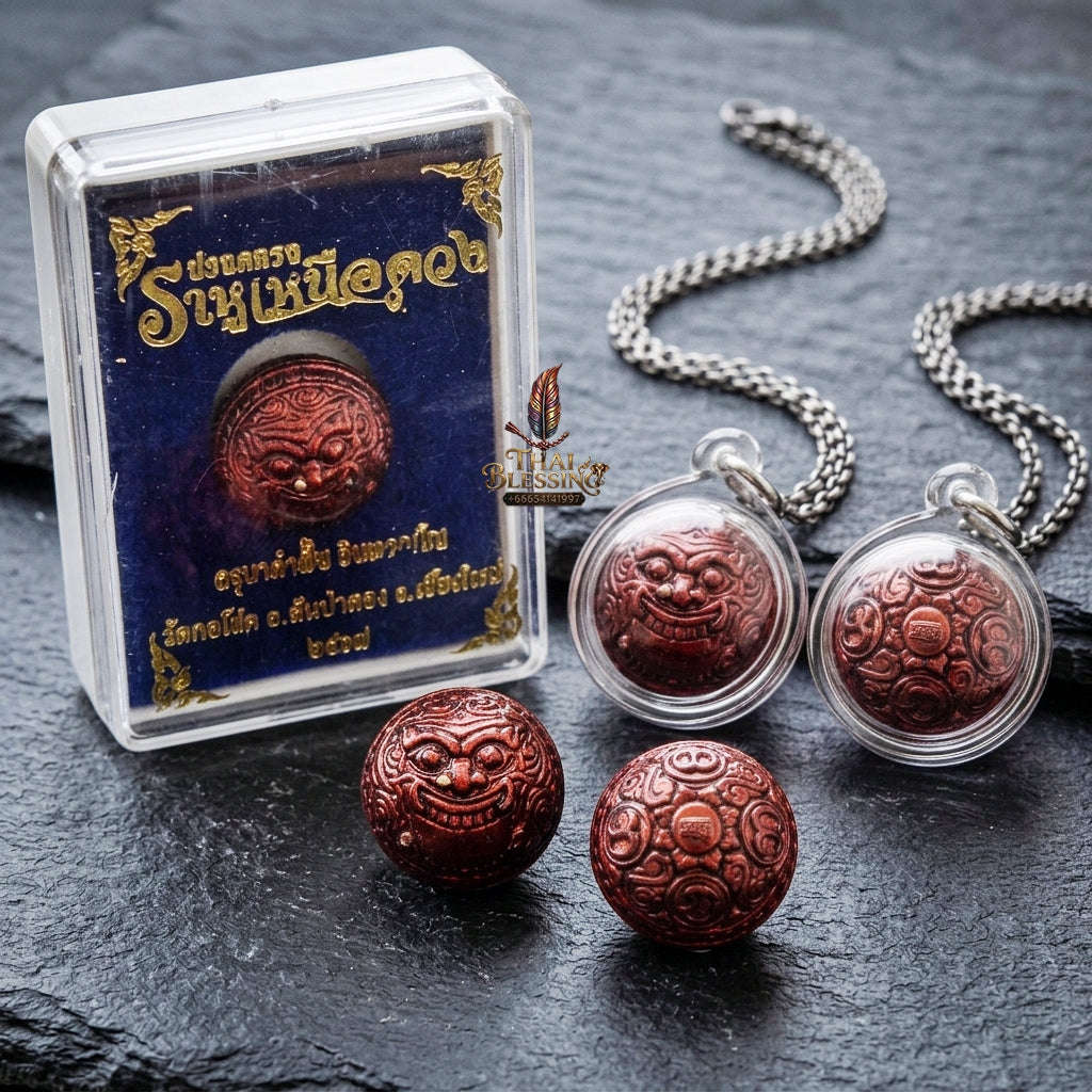 Authentic Thai Rahu Parot Kro Ball Amulet "Rahu Nuea Duang BE 2567" - Bronze Red Lacquer Polish Pendant Thai Blessing Co By RURUECHA