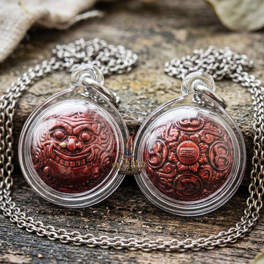 Authentic Thai Rahu Parot Kro Ball Amulet "Rahu Nuea Duang BE 2567" - Bronze Red Lacquer Polish Pendant Thai Blessing Co By RURUECHA