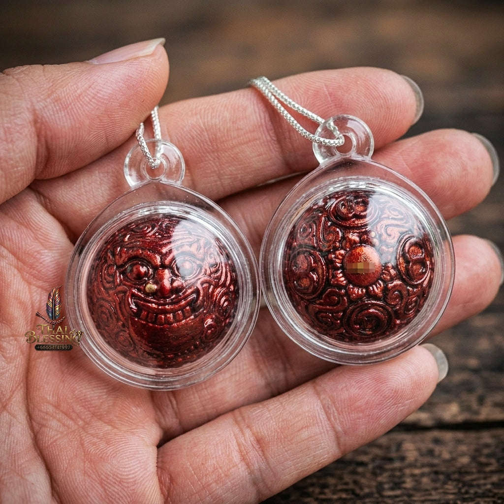 Authentic Thai Rahu Parot Kro Ball Amulet "Rahu Nuea Duang BE 2567" - Bronze Red Lacquer Polish Pendant Thai Blessing Co By RURUECHA