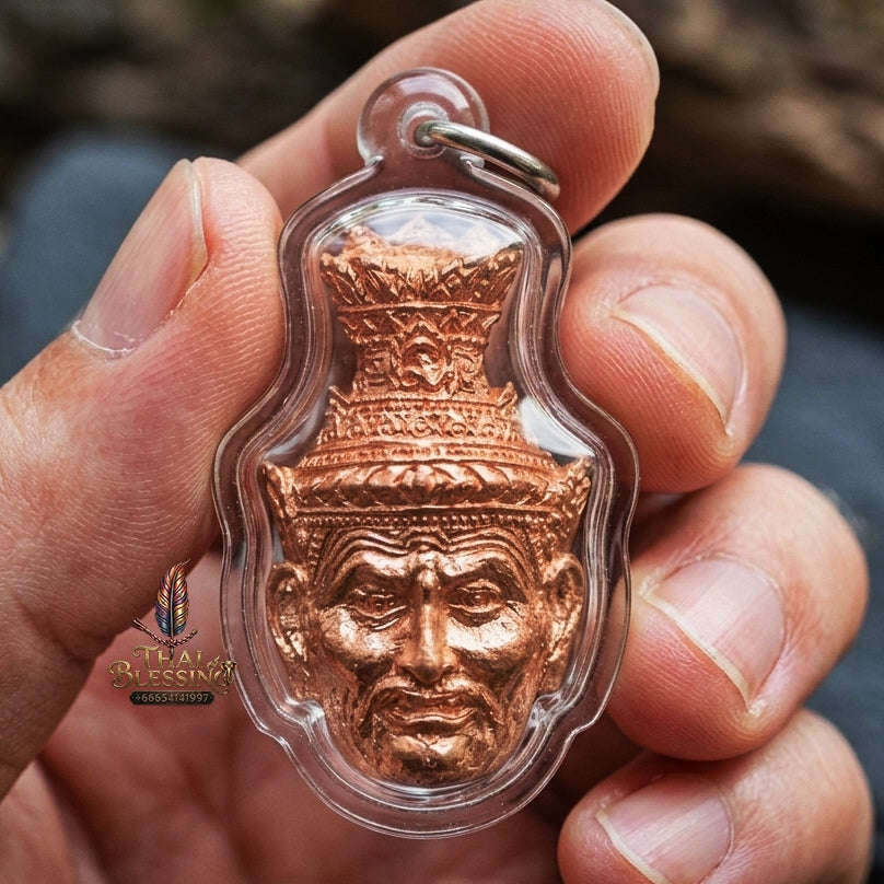 Authentic Thai Ruesi Amulet "Duang Dee Thawee Chok BE 2558" - Copper Hermit Head Pendant with Destiny Powder & Udom Sap Takrut Thai Blessing Co By RURUECHA