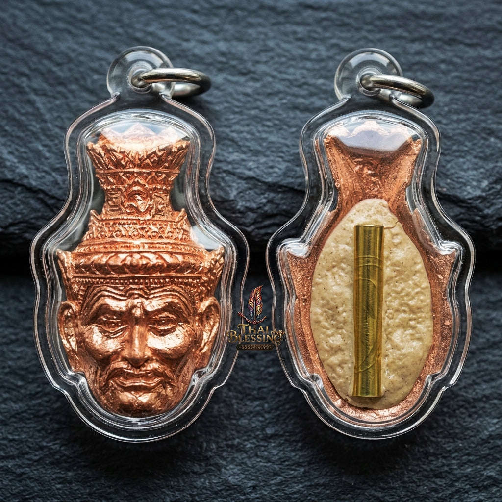 Authentic Thai Ruesi Amulet "Duang Dee Thawee Chok BE 2558" - Copper Hermit Head Pendant with Destiny Powder & Udom Sap Takrut Thai Blessing Co By RURUECHA