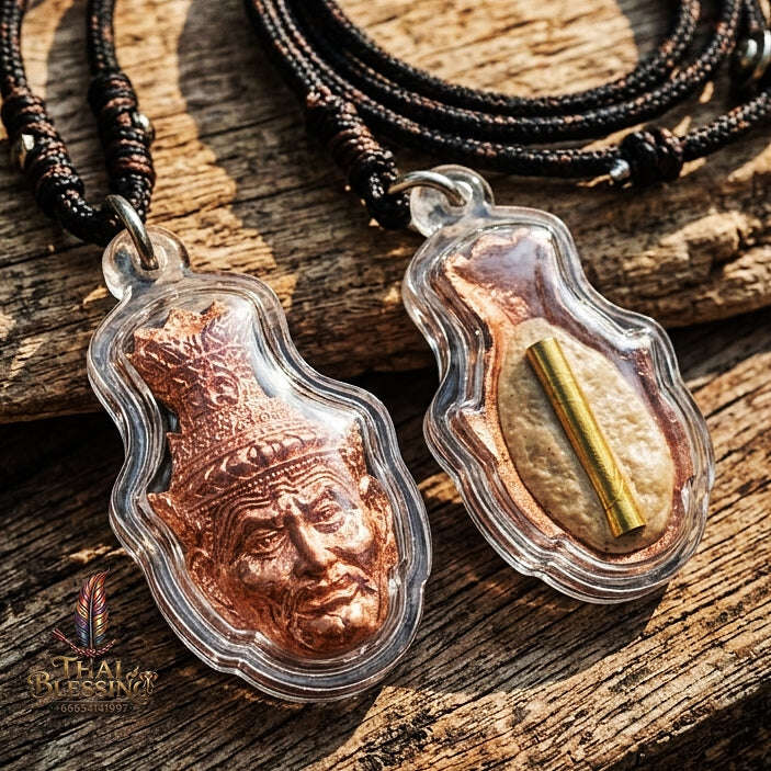 Authentic Thai Ruesi Amulet "Duang Dee Thawee Chok BE 2558" - Copper Hermit Head Pendant with Destiny Powder & Udom Sap Takrut Thai Blessing Co By RURUECHA