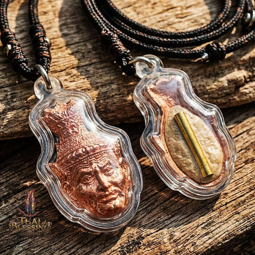 Authentic Thai Ruesi Amulet "Duang Dee Thawee Chok BE 2558" - Copper Hermit Head Pendant with Destiny Powder & Udom Sap Takrut Thai Blessing Co By RURUECHA