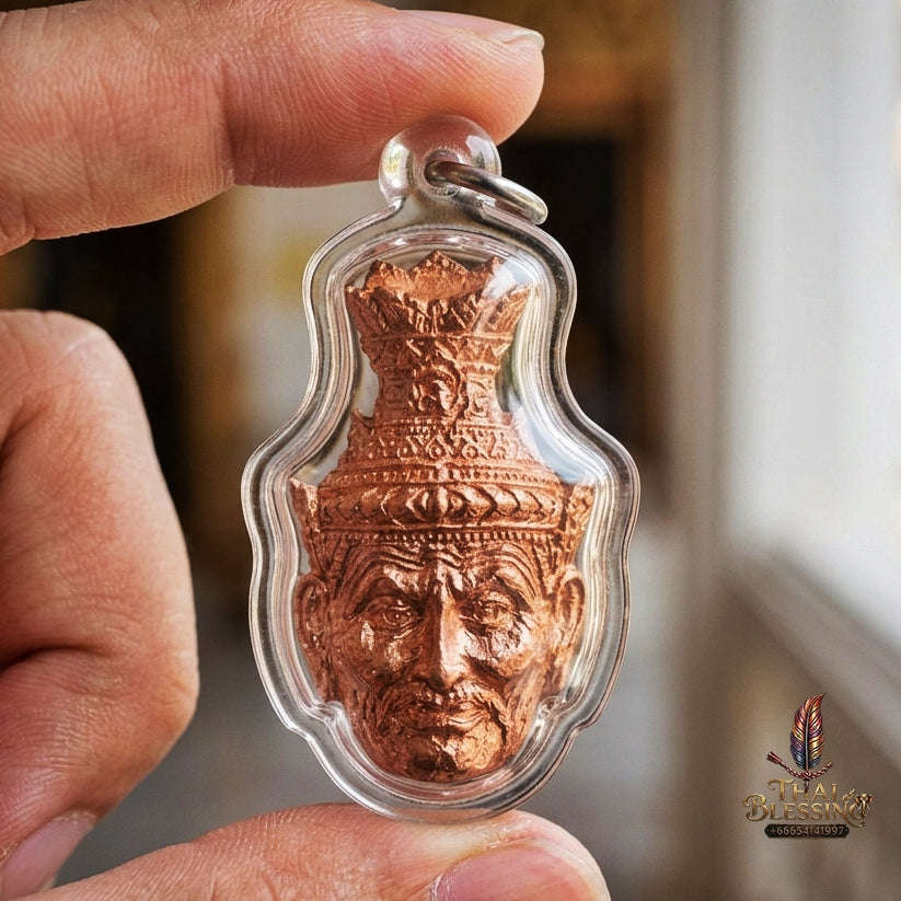 Authentic Thai Ruesi Amulet "Duang Dee Thawee Chok BE 2558" - Copper Hermit Head Pendant with Destiny Powder & Udom Sap Takrut Thai Blessing Co By RURUECHA