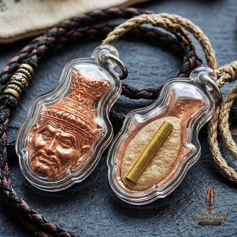 Authentic Thai Ruesi Amulet "Duang Dee Thawee Chok BE 2558" - Copper Hermit Head Pendant with Destiny Powder & Udom Sap Takrut Thai Blessing Co By RURUECHA