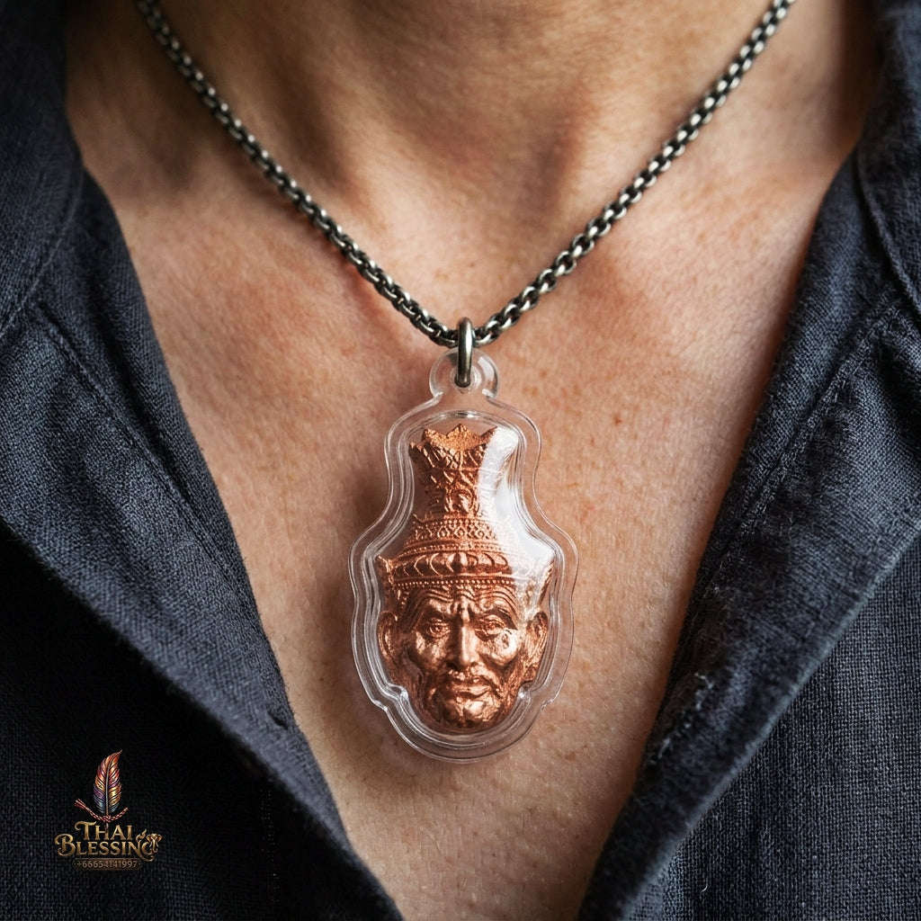 Authentic Thai Ruesi Amulet "Duang Dee Thawee Chok BE 2558" - Copper Hermit Head Pendant with Destiny Powder & Udom Sap Takrut Thai Blessing Co By RURUECHA
