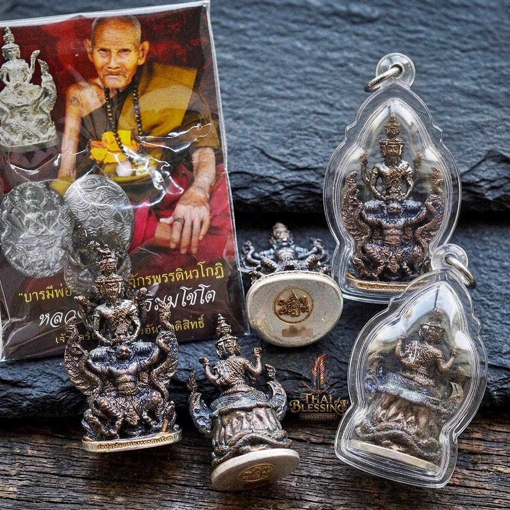 Authentic Thai Ruesi Amulet "Pho Pu Rue Si Mahachakraphat Nawa Koti BE 2559" - Nawa Loha Metal Casting Statue on Garuda with Silver Base Thai Blessing Co By RURUECHA