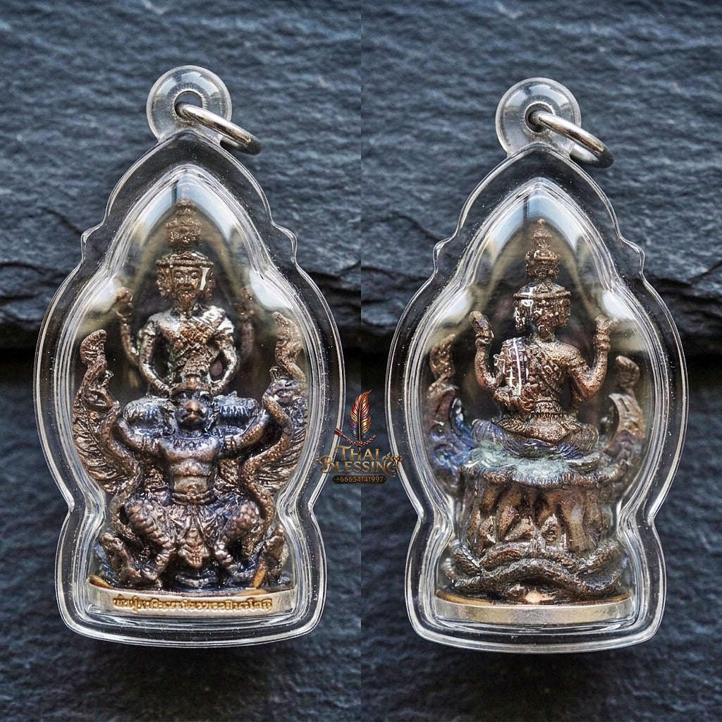 Authentic Thai Ruesi Amulet "Pho Pu Rue Si Mahachakraphat Nawa Koti BE 2559" - Nawa Loha Metal Casting Statue on Garuda with Silver Base Thai Blessing Co By RURUECHA