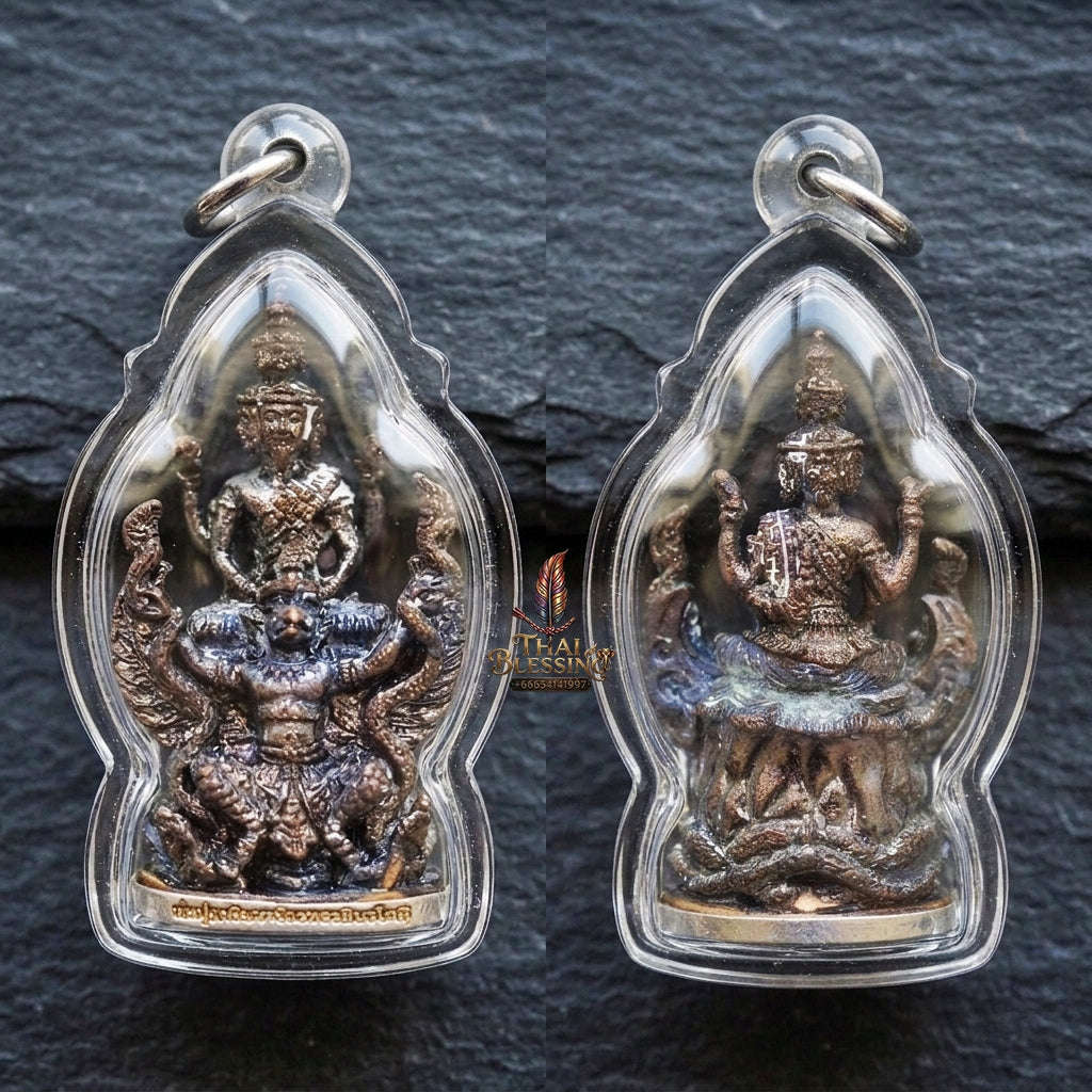Authentic Thai Ruesi Amulet "Pho Pu Rue Si Mahachakraphat Nawa Koti BE 2559" - Nawa Loha Metal Casting Statue on Garuda with Silver Base Thai Blessing Co By RURUECHA