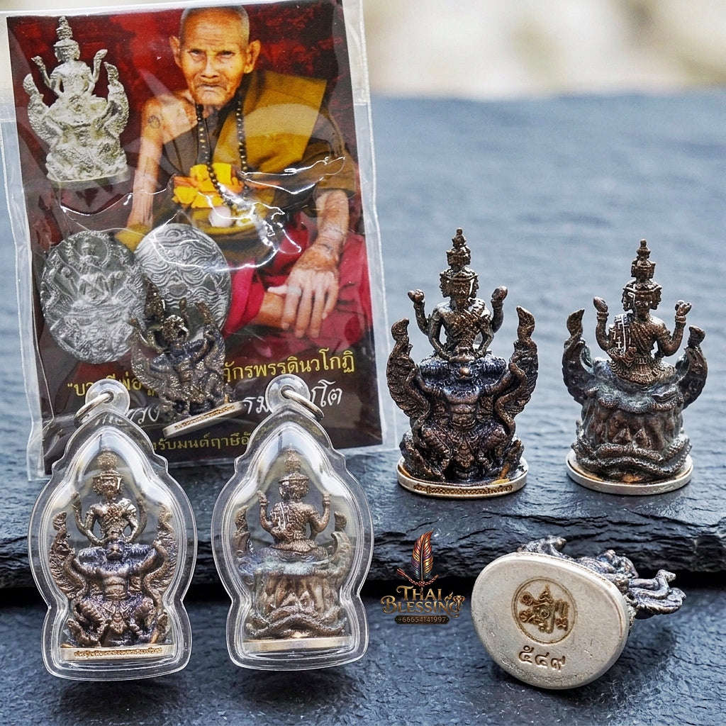 Authentic Thai Ruesi Amulet "Pho Pu Rue Si Mahachakraphat Nawa Koti BE 2559" - Nawa Loha Metal Casting Statue on Garuda with Silver Base Thai Blessing Co By RURUECHA