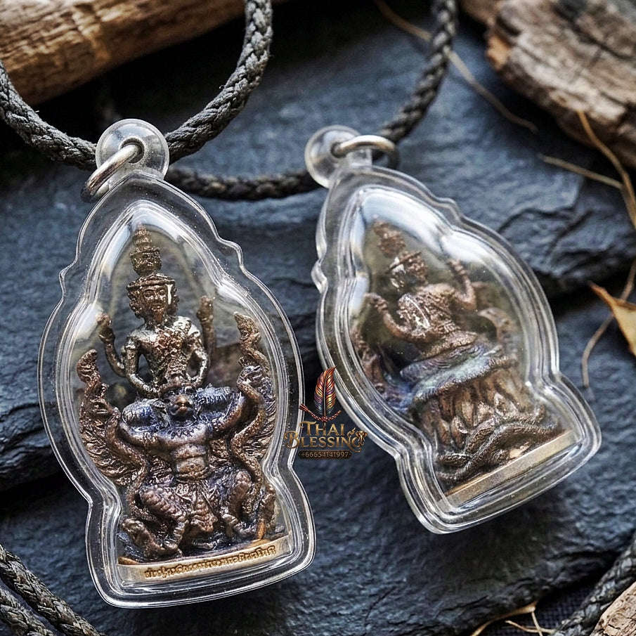 Authentic Thai Ruesi Amulet "Pho Pu Rue Si Mahachakraphat Nawa Koti BE 2559" - Nawa Loha Metal Casting Statue on Garuda with Silver Base Thai Blessing Co By RURUECHA