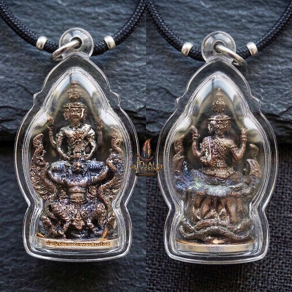 Authentic Thai Ruesi Amulet "Pho Pu Rue Si Mahachakraphat Nawa Koti BE 2559" - Nawa Loha Metal Casting Statue on Garuda with Silver Base Thai Blessing Co By RURUECHA