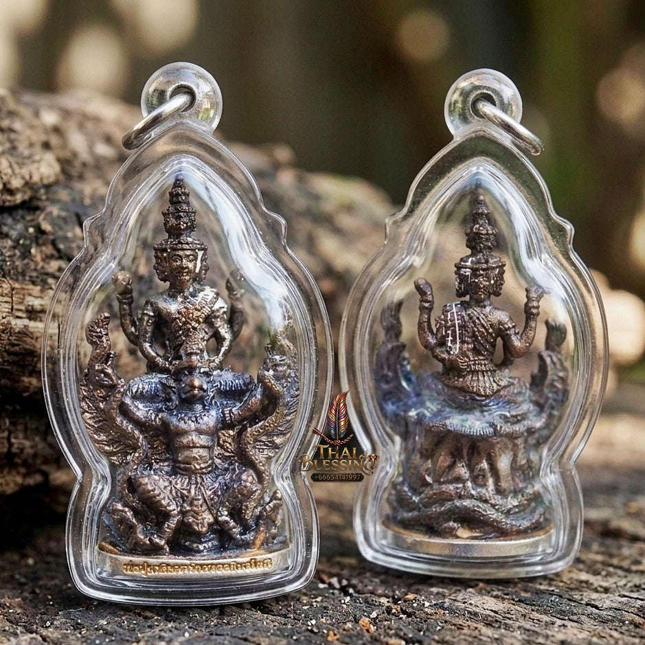 Authentic Thai Ruesi Amulet "Pho Pu Rue Si Mahachakraphat Nawa Koti BE 2559" - Nawa Loha Metal Casting Statue on Garuda with Silver Base Thai Blessing Co By RURUECHA