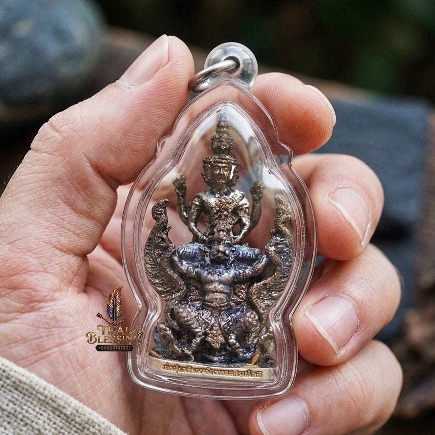 Authentic Thai Ruesi Amulet "Pho Pu Rue Si Mahachakraphat Nawa Koti BE 2559" - Nawa Loha Metal Casting Statue on Garuda with Silver Base Thai Blessing Co By RURUECHA