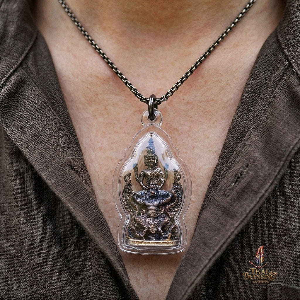 Authentic Thai Ruesi Amulet "Pho Pu Rue Si Mahachakraphat Nawa Koti BE 2559" - Nawa Loha Metal Casting Statue on Garuda with Silver Base Thai Blessing Co By RURUECHA