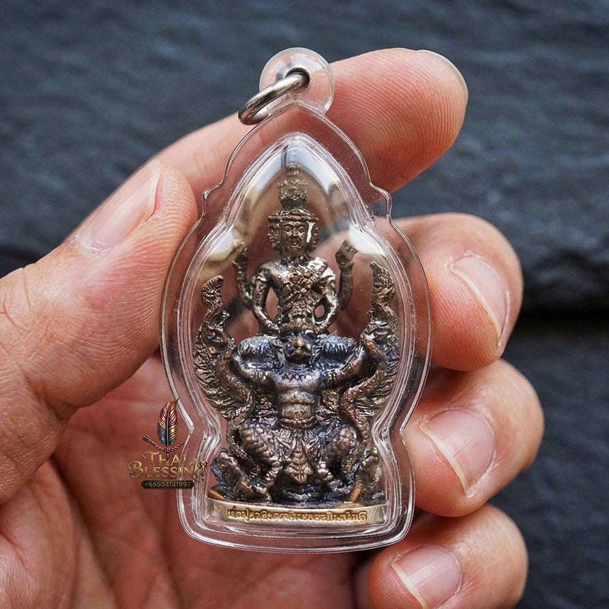 Authentic Thai Ruesi Amulet "Pho Pu Rue Si Mahachakraphat Nawa Koti BE 2559" - Nawa Loha Metal Casting Statue on Garuda with Silver Base Thai Blessing Co By RURUECHA