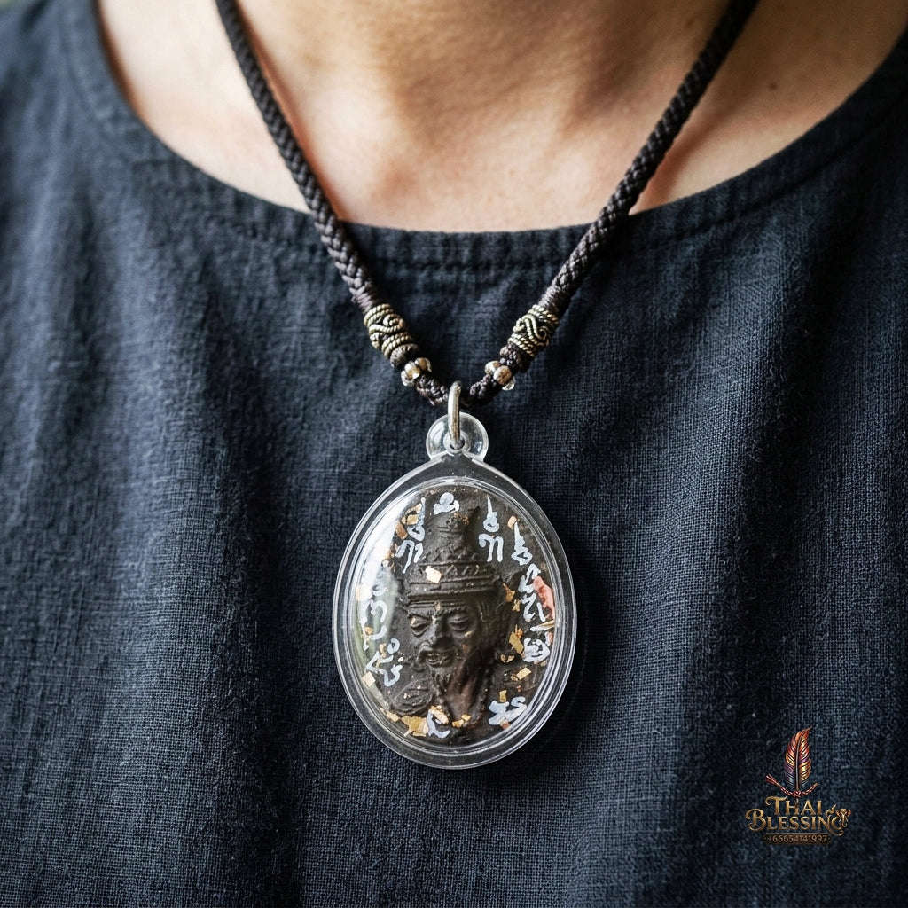 Authentic Thai Ruesi Hermit Amulet "Borom Khru Pu Ruesi BE 2569" - Black Sacred Herbal Powder Pendant with Holy Powder Bottle & Dual Takrut Thai Blessing Co By RURUECHA
