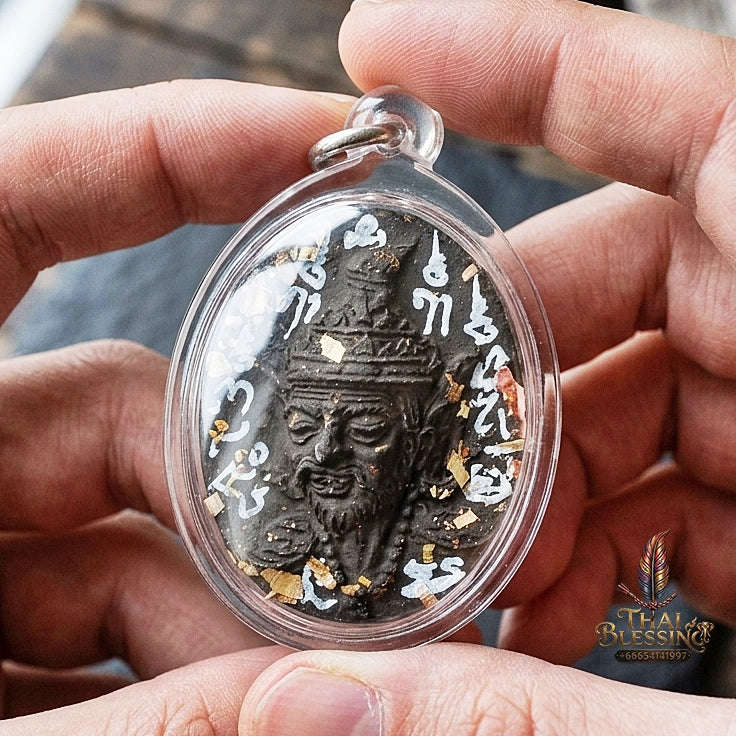 Authentic Thai Ruesi Hermit Amulet "Borom Khru Pu Ruesi BE 2569" - Black Sacred Herbal Powder Pendant with Holy Powder Bottle & Dual Takrut Thai Blessing Co By RURUECHA