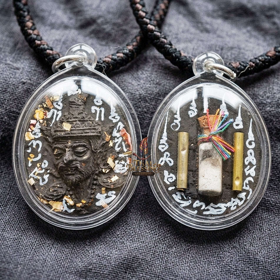 Authentic Thai Ruesi Hermit Amulet "Borom Khru Pu Ruesi BE 2569" - Black Sacred Herbal Powder Pendant with Holy Powder Bottle & Dual Takrut Thai Blessing Co By RURUECHA
